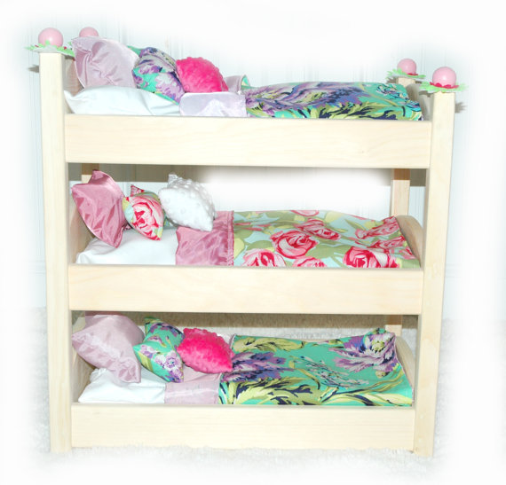 Triple Doll Bunk Bed - Lilac Garden American Made Girl Doll Bed - Fits Ag Doll And 18 Inch Dolls